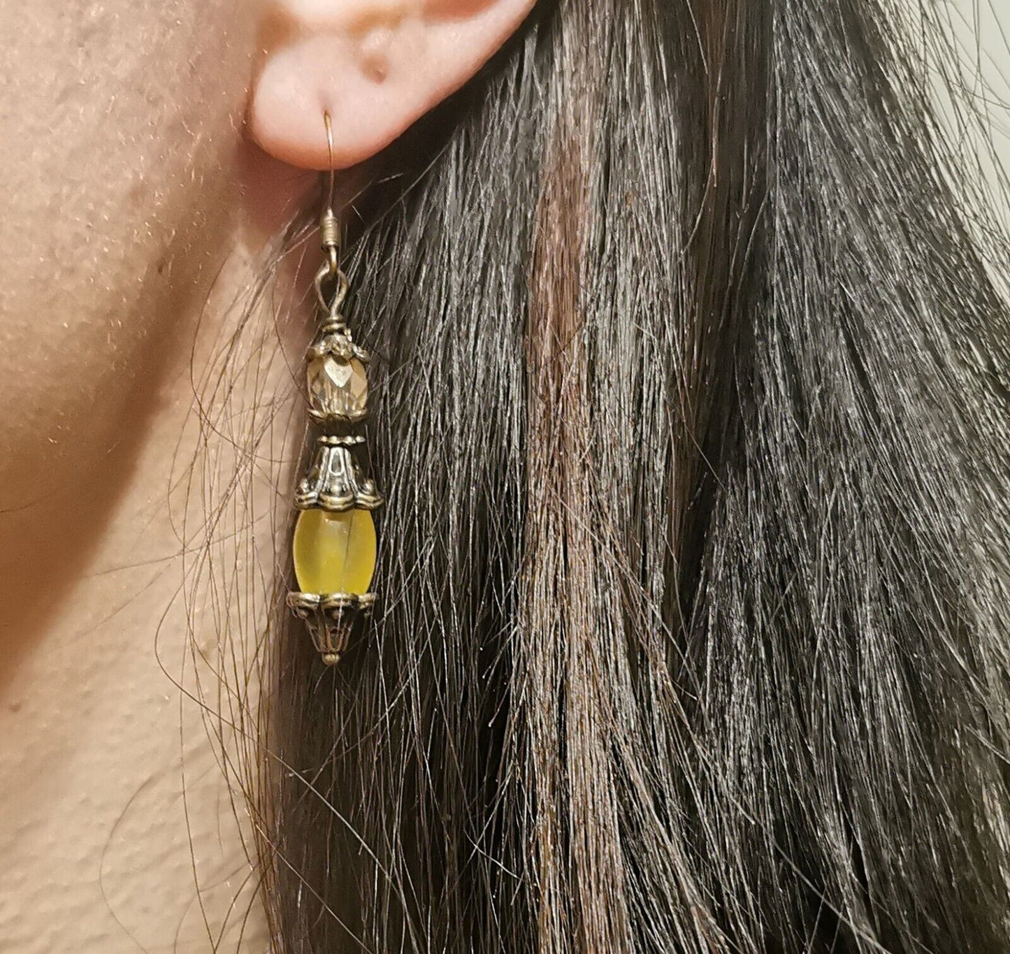 Yellow Jade and Czech Crystal Antique Bronze Lantern Artisan Earrings