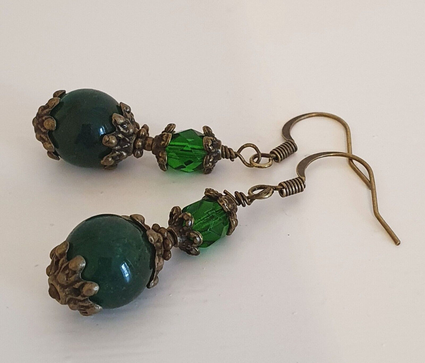 Jade, Amethyst & Czech Crystal Antique Bronze Bohemian Art Deco Artisan Earrings