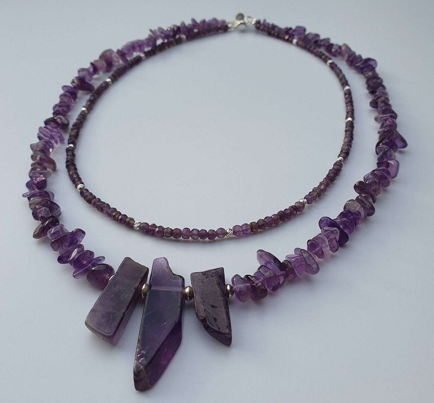 Natural Raw Amethyst Double Layer 925 Sterling Silver Necklace Artisan Handmade