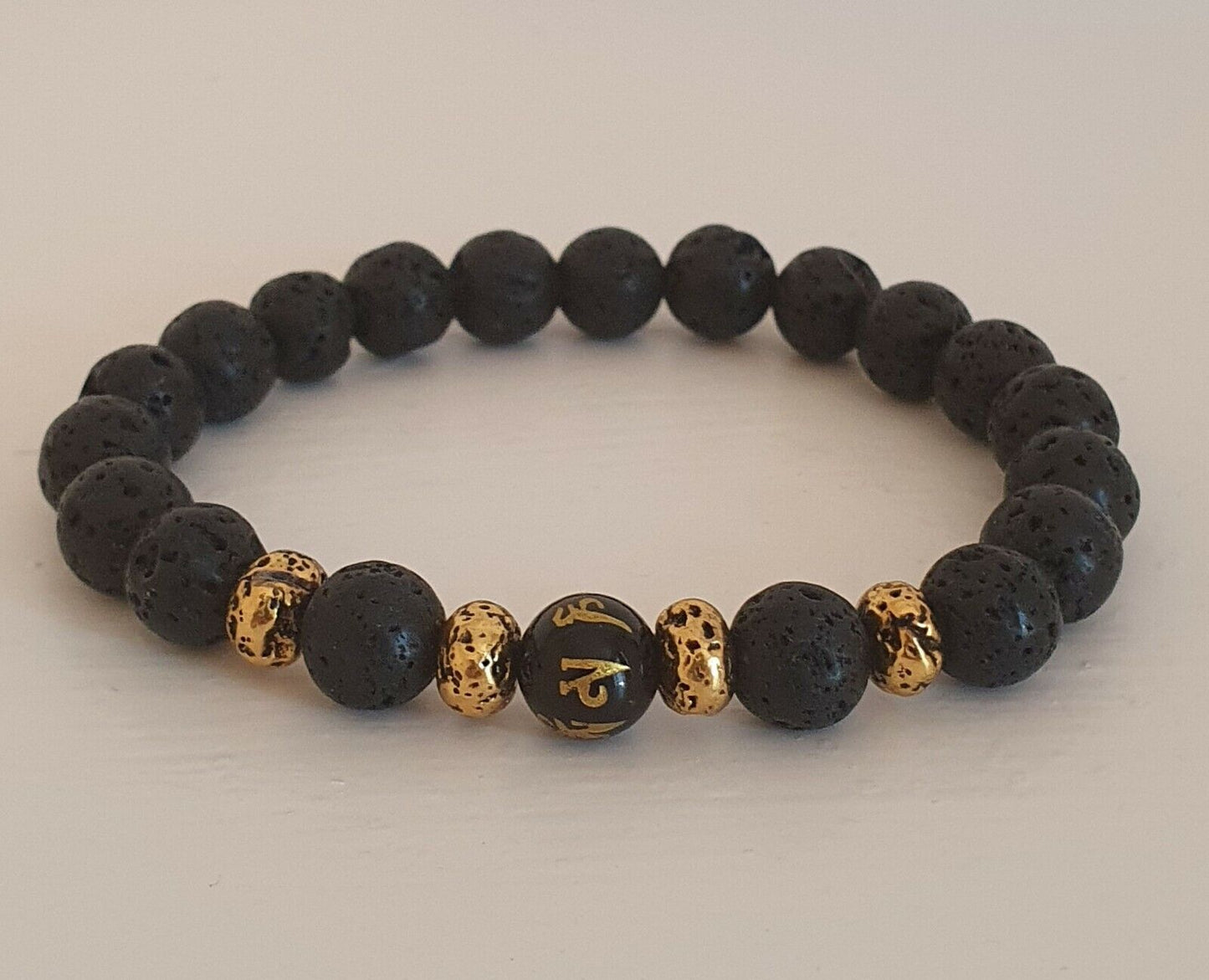 Black Obsidian & Lava Stone Om Mani Padme Hum Buddhist Mantra Bracelet