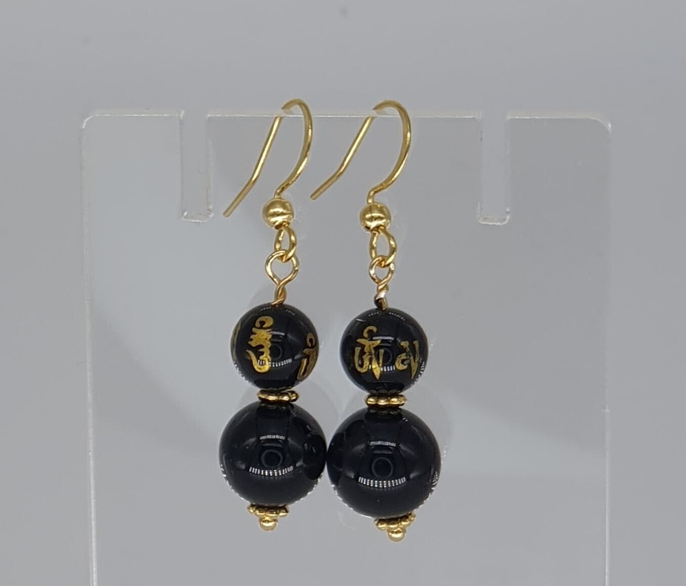 Om Mani Padme Hum Mantra Black Obsidian Earrings 18K Gold Plated