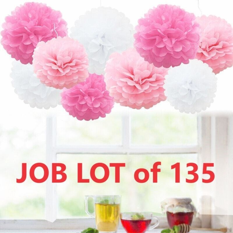 JOB LOT of 135 - Paper Pompoms Hanging Party Decor Pink Peach White 8"-10"-14"