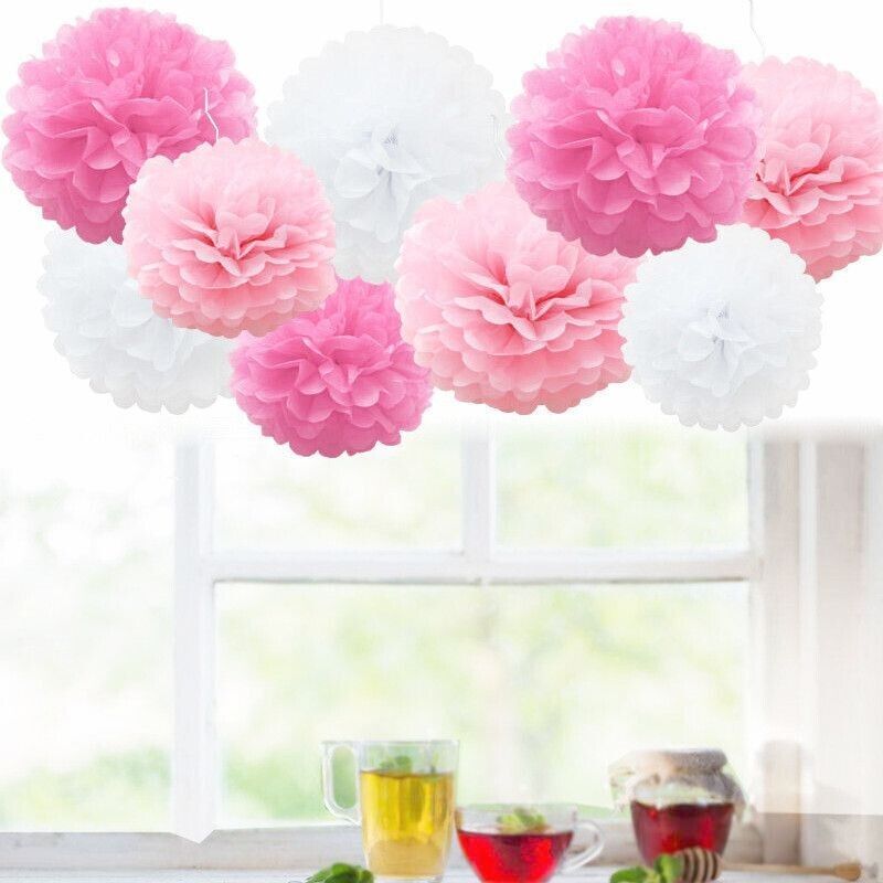 JOB LOT of 135 - Paper Pompoms Hanging Party Decor Pink Peach White 8"-10"-14"