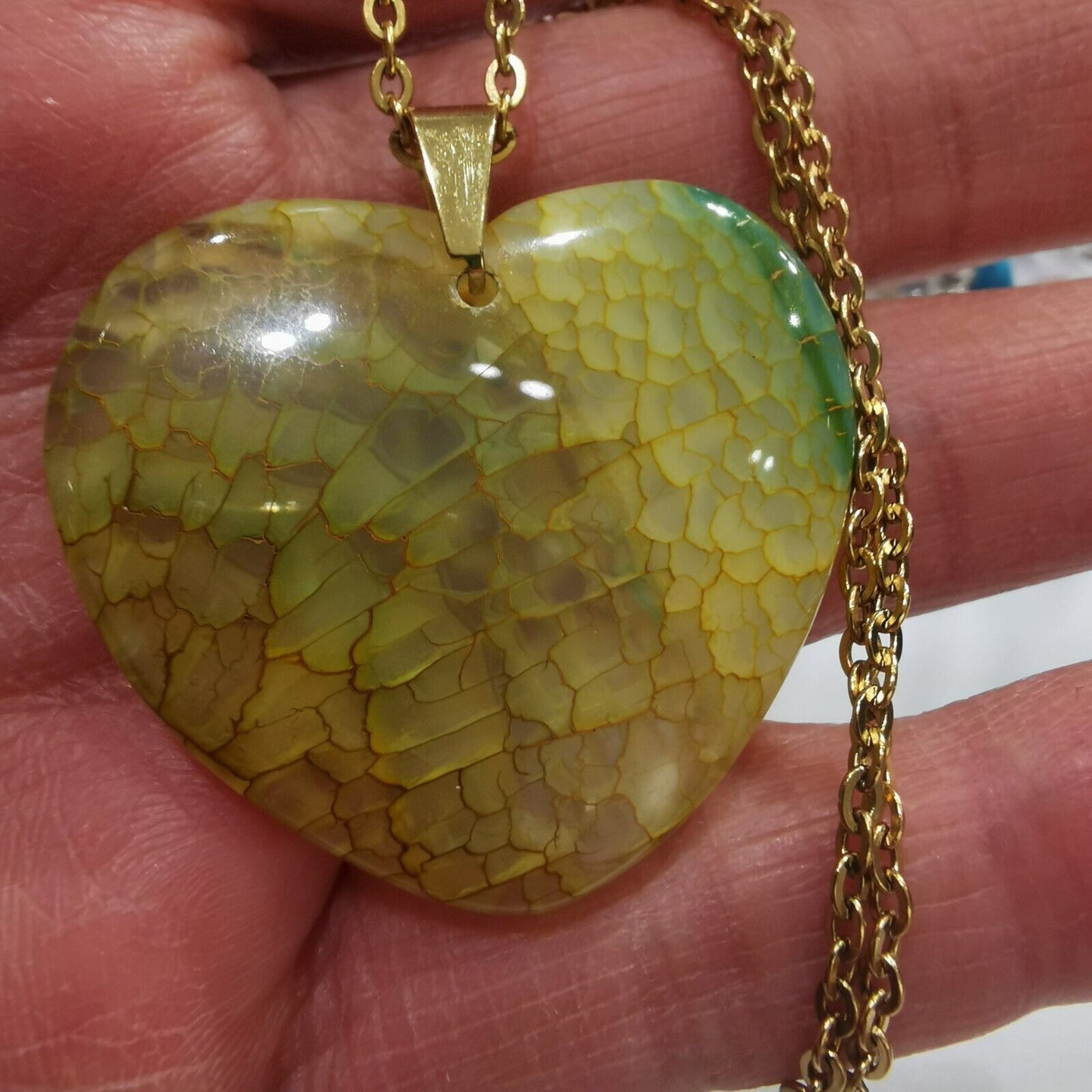 Natural Yellow & Green Heart Agate Gold Plated Stainless Steel Chain Necklace