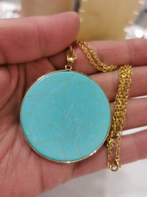 Turquoise Magnesite Big Round Pendant With 18k Gold Plated Stainless Steel Chain
