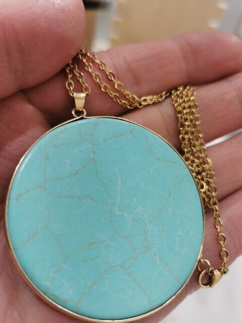 Turquoise Magnesite Big Round Pendant With 18k Gold Plated Stainless Steel Chain