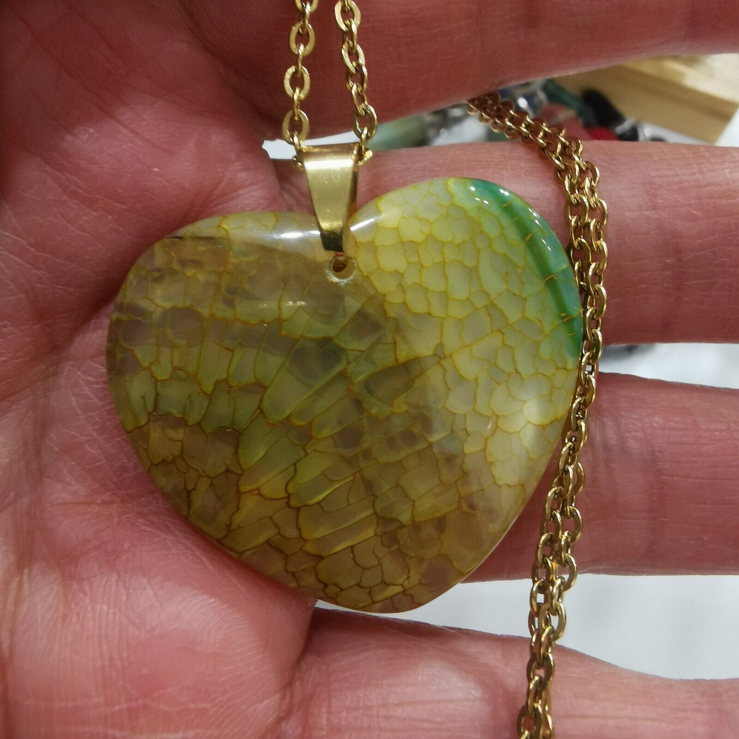 Natural Yellow & Green Heart Agate Gold Plated Stainless Steel Chain Necklace