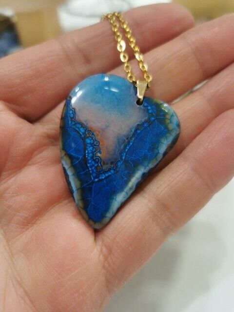 Stunning Blue Agate Heart Pendant With 18K Gold Plated Stainless Steel Chain