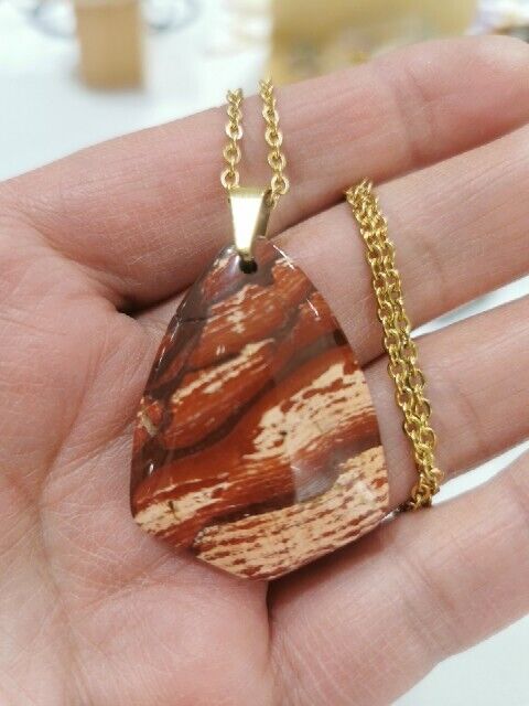 Red Jasper Pendant 18k Gold Plated Stainless Steel Chain Necklace