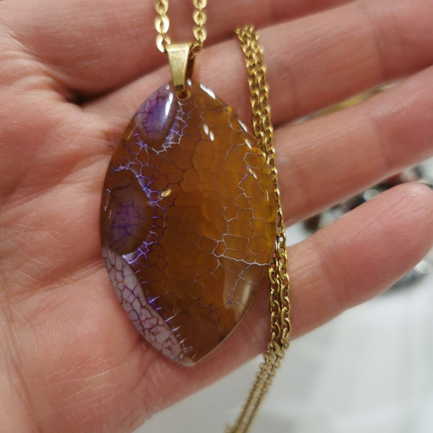 Gorgeous Honey&Purple Agate Gold Plated Stainless Steel Chain Necklace
