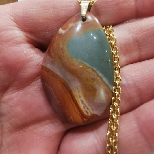 Brown-Grey Jasper Pendant 18k Gold Plated Stainless Steel Chain Necklace