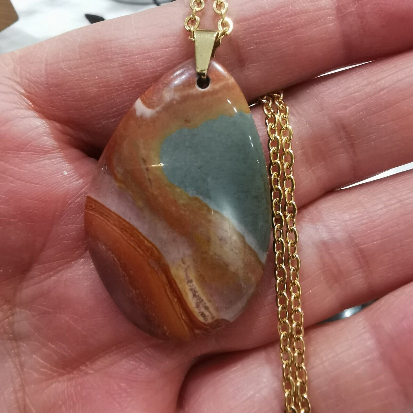 Brown-Grey Jasper Pendant 18k Gold Plated Stainless Steel Chain Necklace