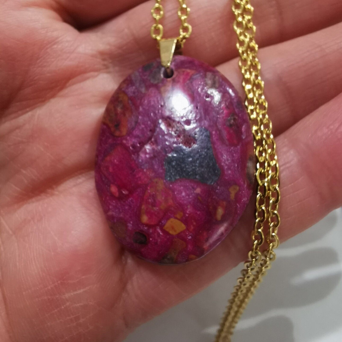 Purple - Red Jasper Pendant 18k Gold Plated Stainless Steel Chain Necklace