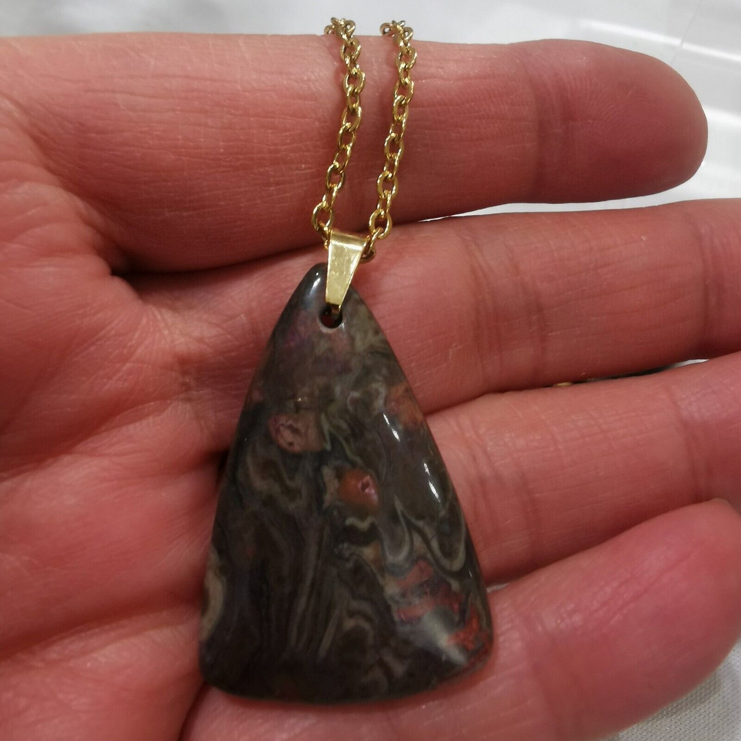 Grey-Brown Jasper Pendant 18k Gold Plated Stainless Steel Chain Necklace