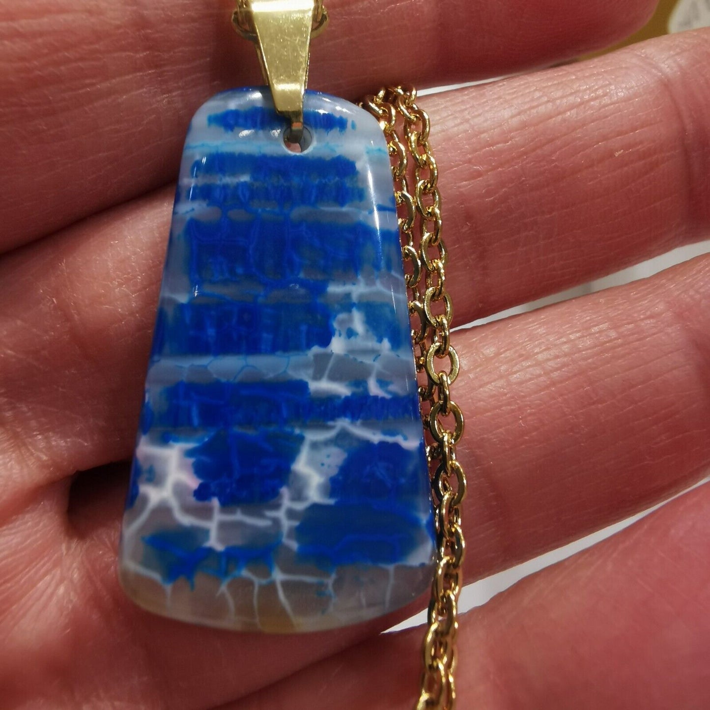 Beautiful Blue Dragon veins Agate Gold Plated Stainless Steel Chain Necklace