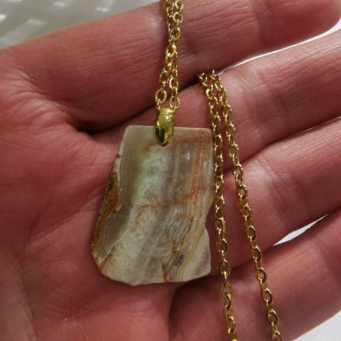 Beautiful Natural Agate Slab Pendant Gold Plated Stainless Steel Chain Necklace