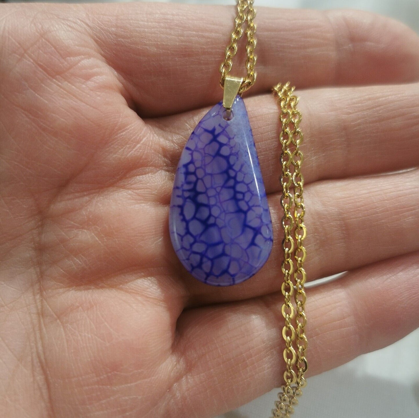 Purple Dragonvein Agate Pendant Gold Plated Stainless Steel Chain Necklace