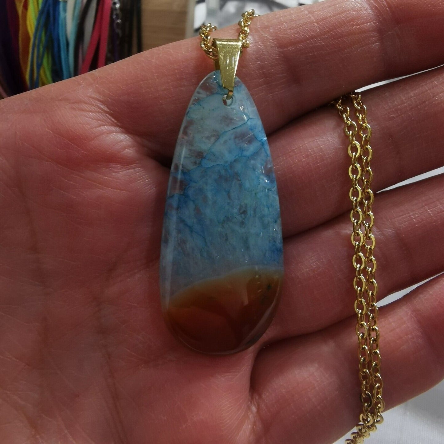 Beautiful Blue Agate Pendant Gold Plated Stainless Steel Chain Necklace