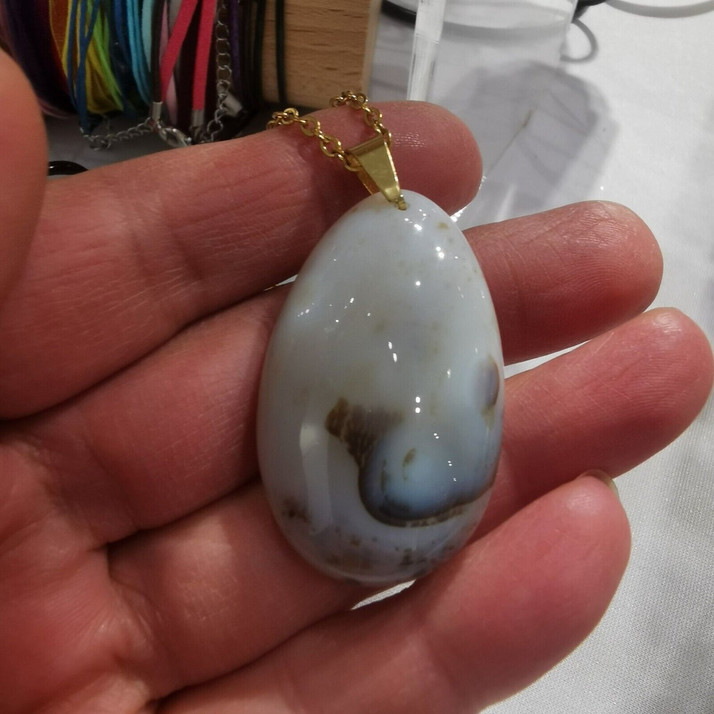 Beautiful Natural Milky Agate Pendant Gold Plated Stainless Steel Chain Necklace