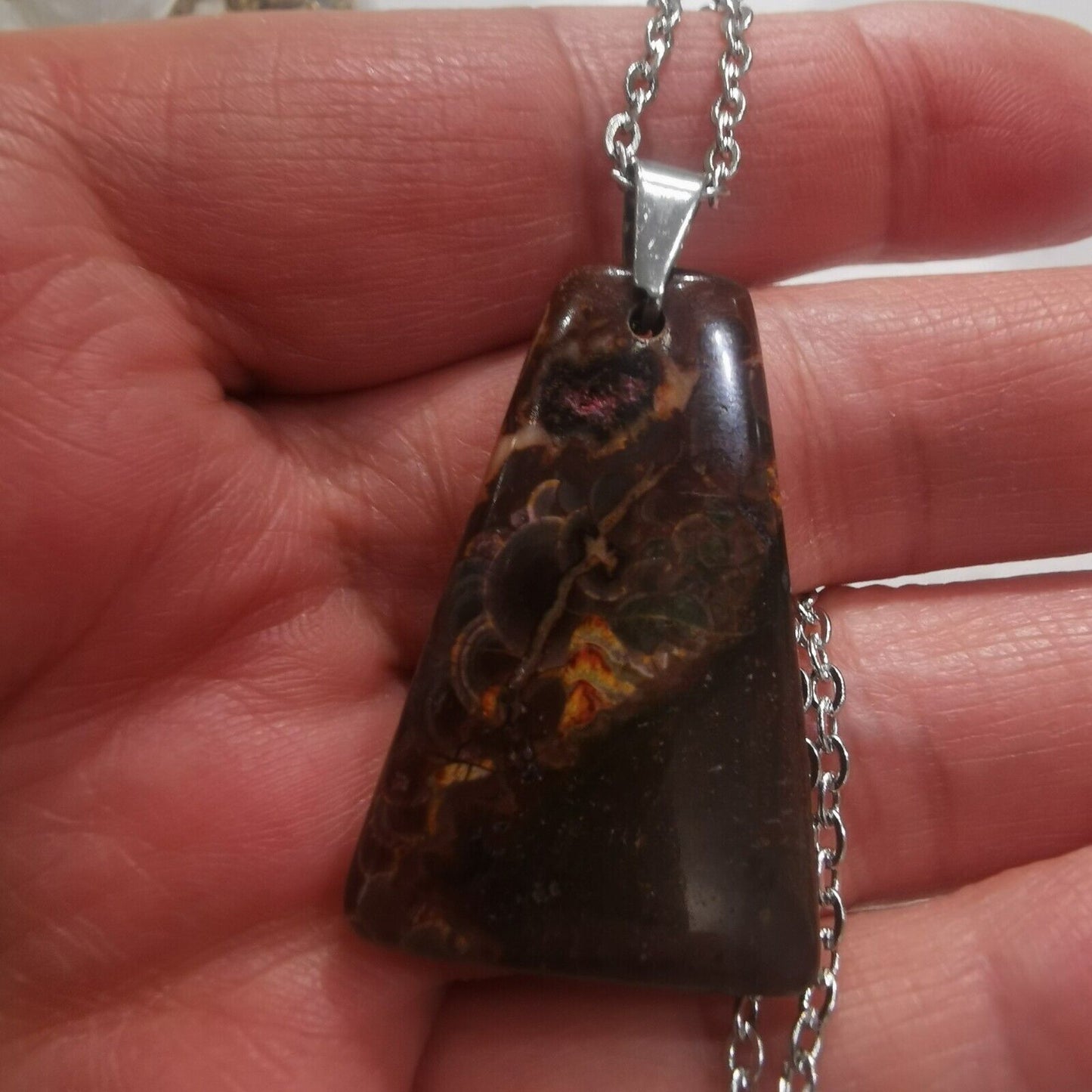 Brown Jasper Pendant With Stainless Steel Chain Necklace