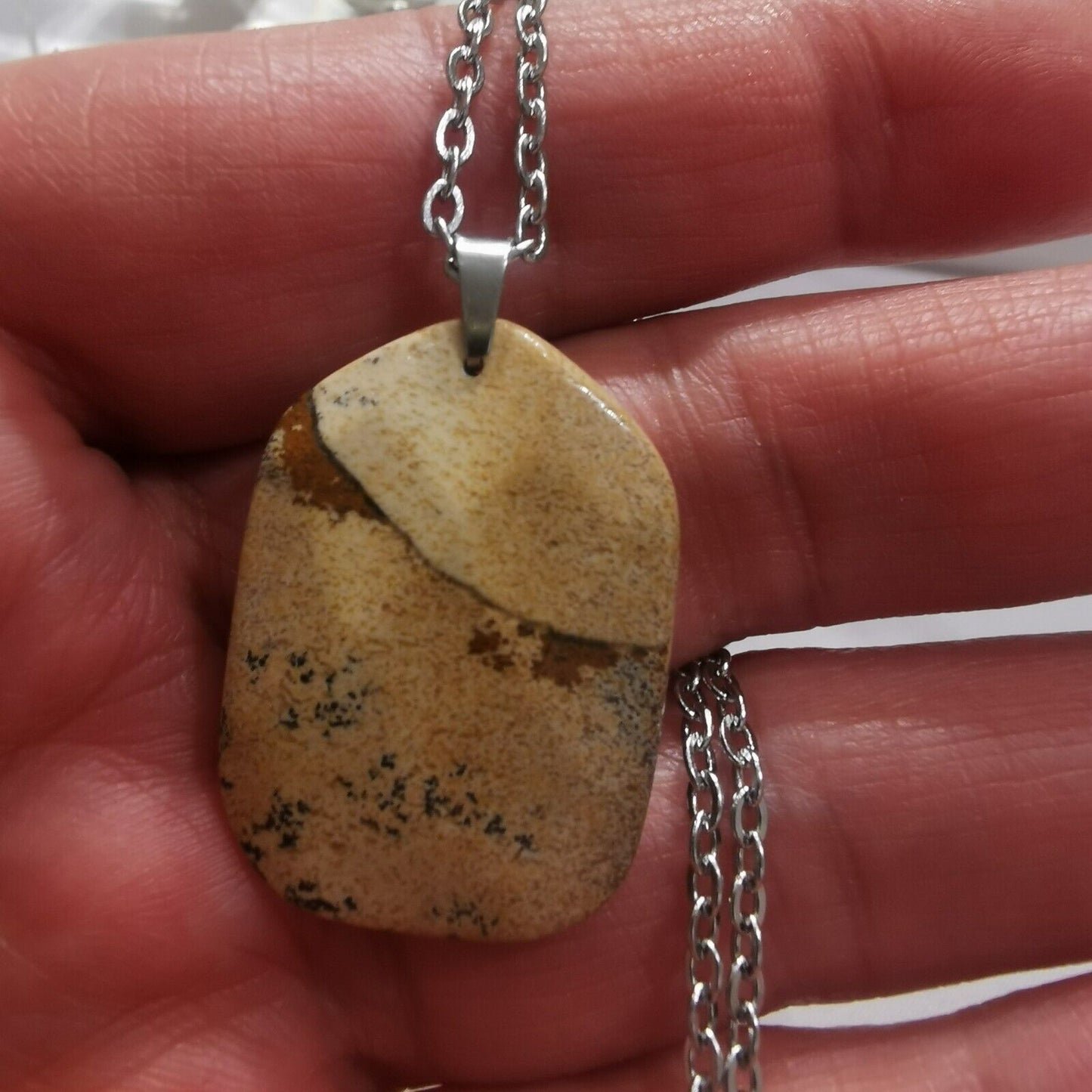 Picture Jasper Pendant With Stainless Steel Chain Necklace