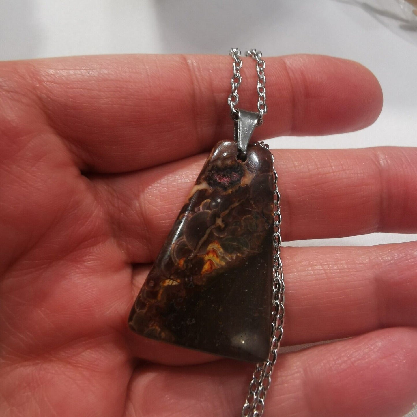 Brown Jasper Pendant With Stainless Steel Chain Necklace