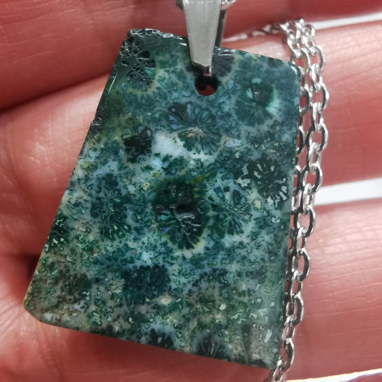 Green Fossil Coral Pendant With Stainless Steel Chain Necklace