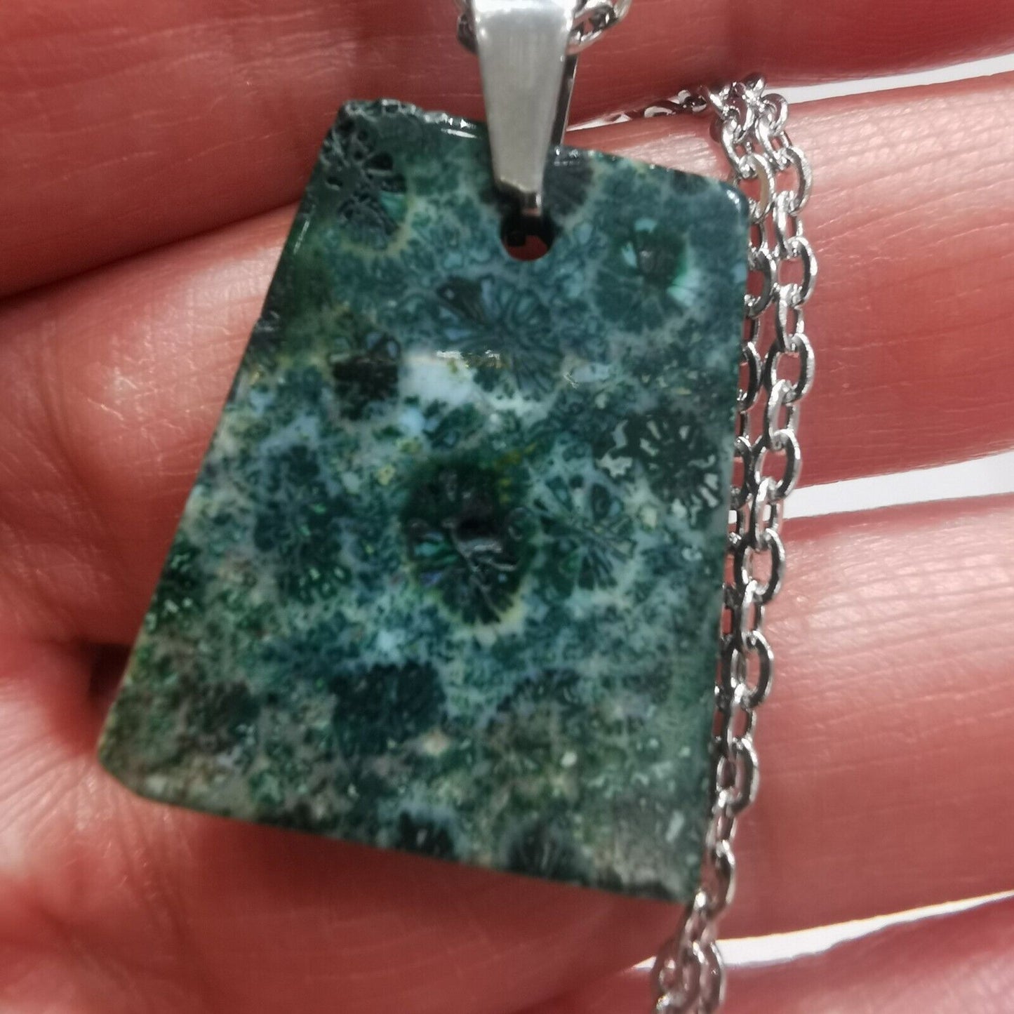 Green Fossil Coral Pendant With Stainless Steel Chain Necklace