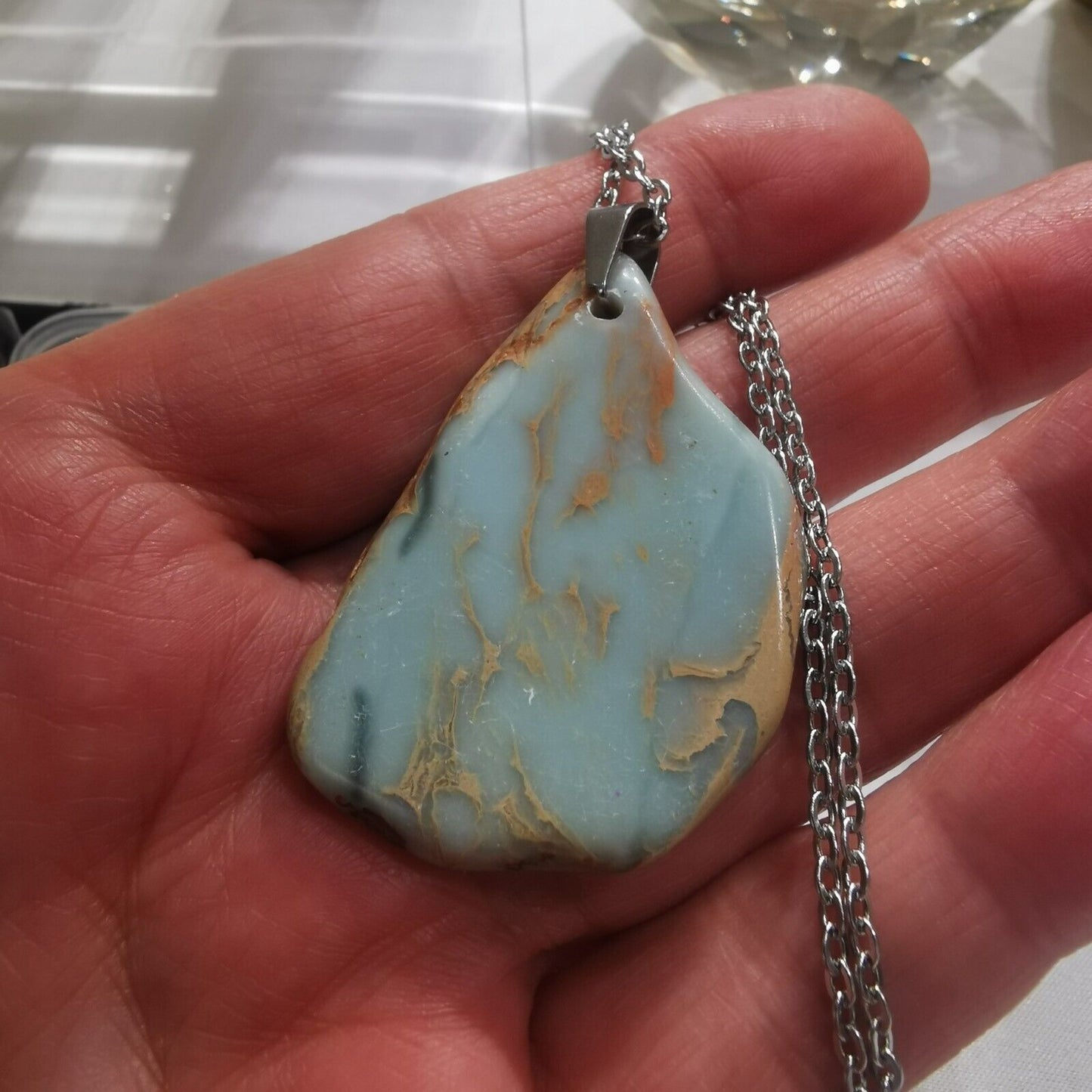 Blue Sea Sediment Jasper Gemstone Pendant With  Stainless Steel Chain Necklace