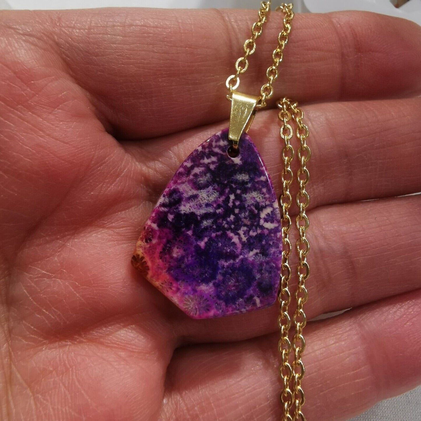 Purple Fossil Coral Pendant With Gold Plated Stainless Steel Chain Necklace