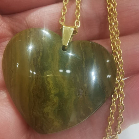 Beautiful Jasper Heart Pendant With Stainless Steel Chain Necklace
