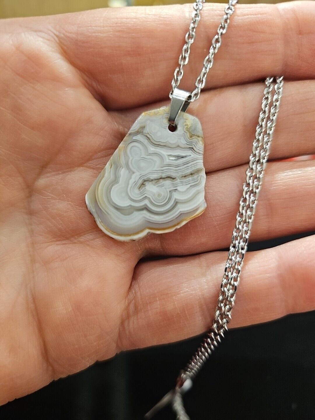 Natural White Lace Agate,  Stainless Steel Chain Necklace