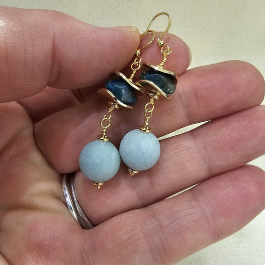 Teal Blue Apatite&Amazonite, 18K Gold Plated Dangle Earrings