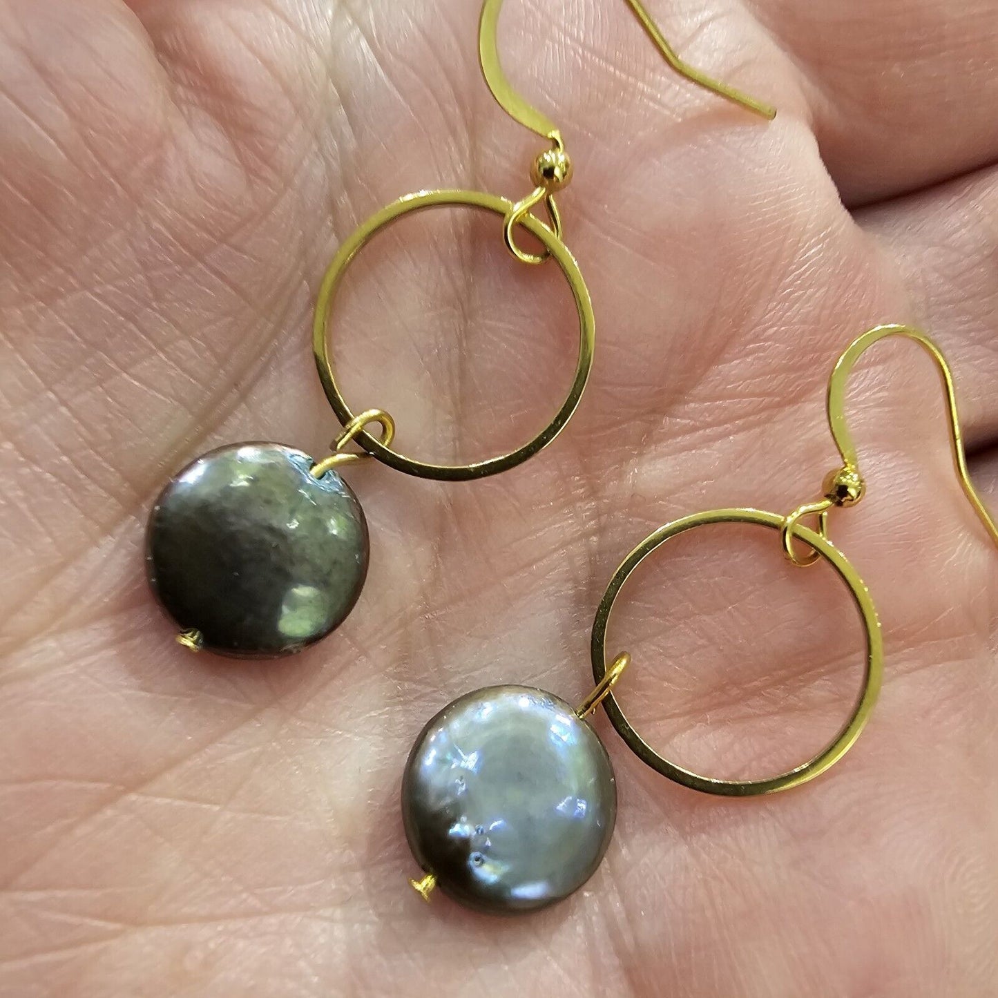 Black Coin Natural Pearl Baroque Dangle 18K Gold Plt Hoop Earrings