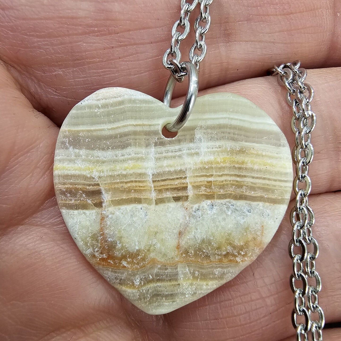 Delicate Stripe Agate Heart Pendant Stainless Steel Chain Necklace