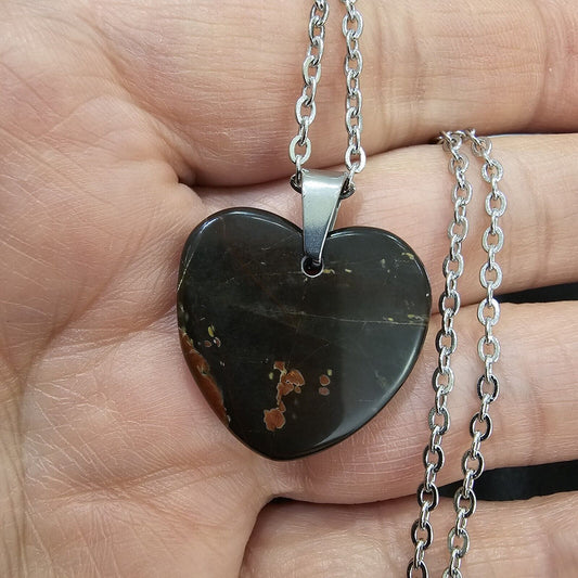 Poppy Jasper Heart Pendant Stainless Steel Chain Necklace