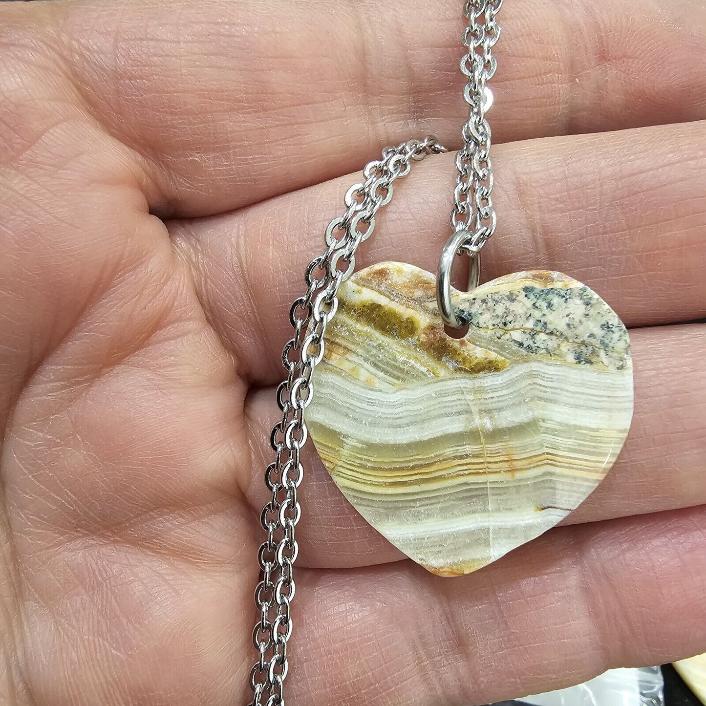 Stripe Agate Heart Pendant Stainless Steel Chain Necklace