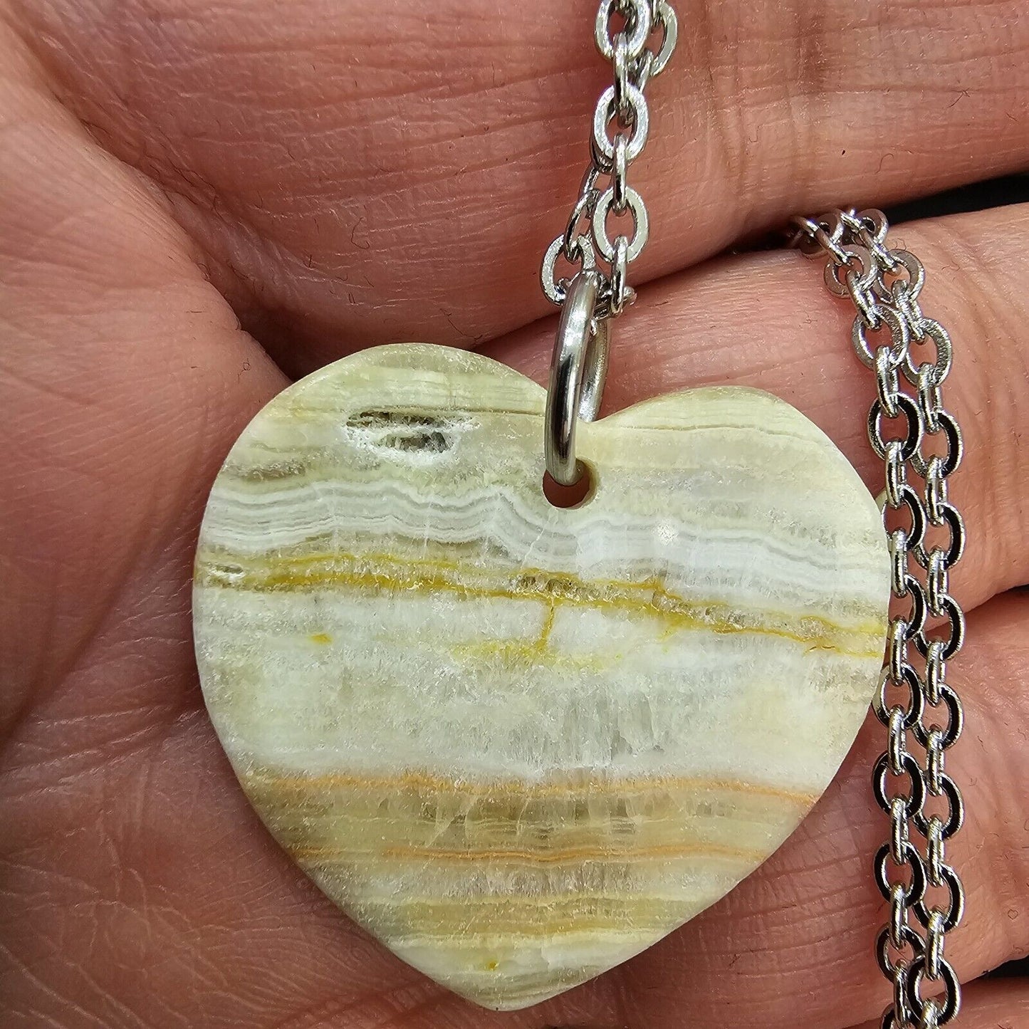 Delicate Stripe Agate Heart Pendant Stainless Steel Chain Necklace