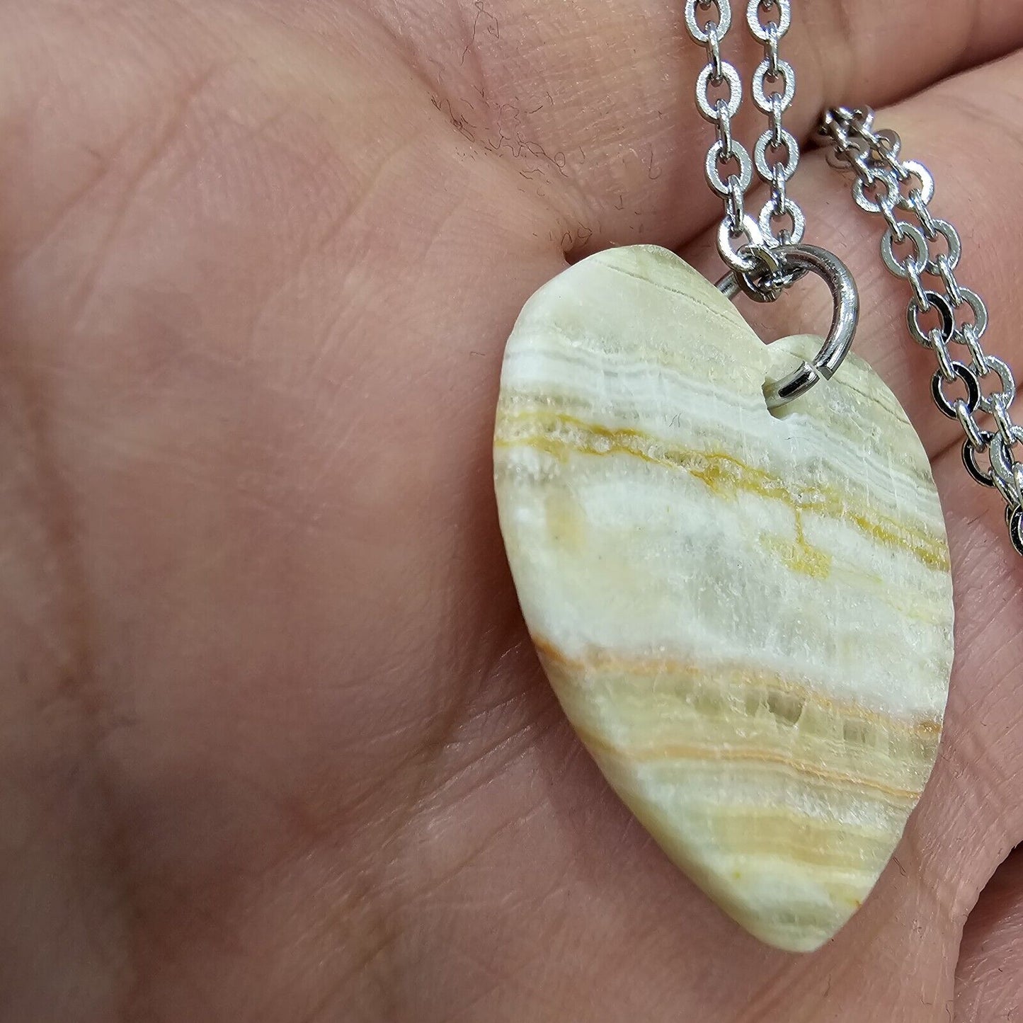 Delicate Stripe Agate Heart Pendant Stainless Steel Chain Necklace