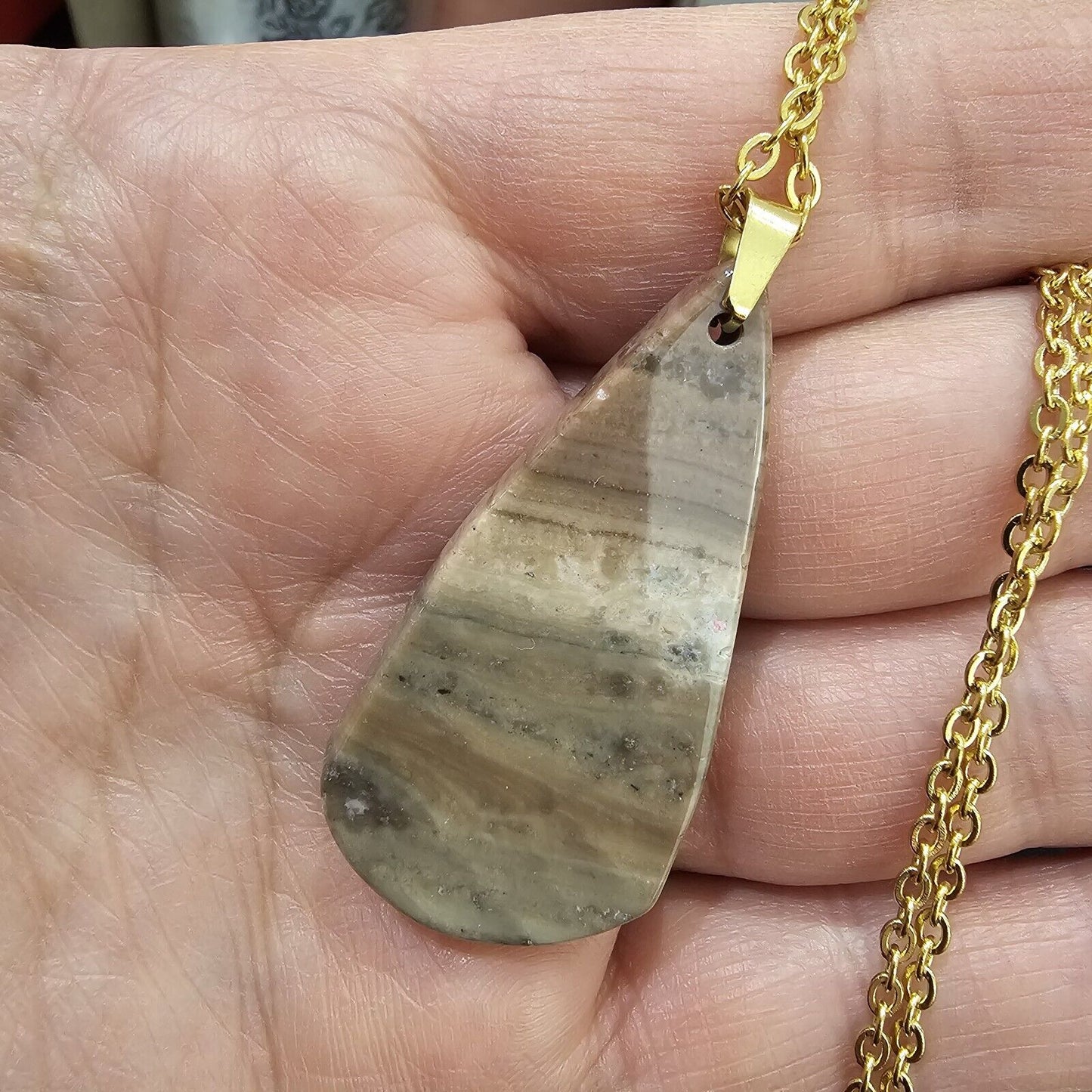 Teardrop Jasper Pendant 18k Gold Plated Stainless Steel Chain Necklace